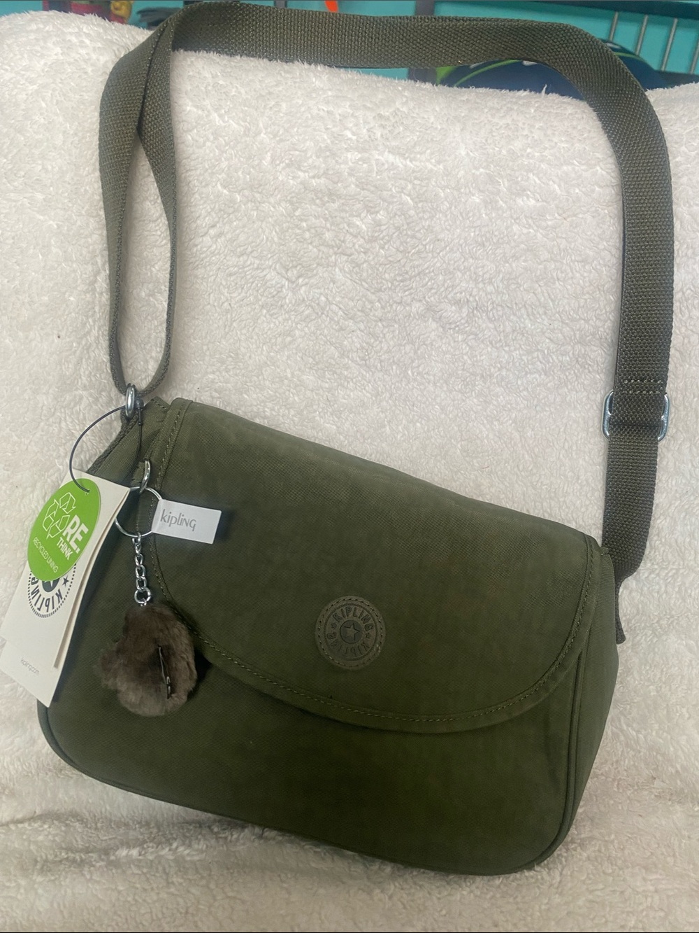Kipling “Despina” Jaded Green Tonal Crossbody Bag, matching monkey key ring